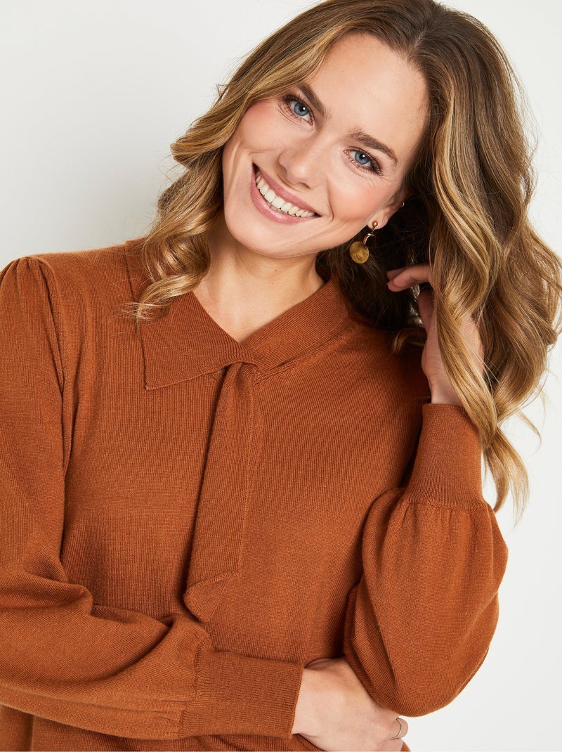Pull fin col cravate mélange laine Marron caramel - Kiabi
