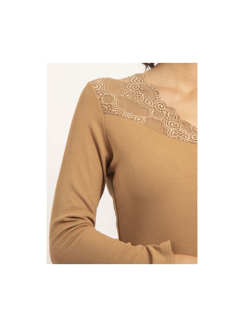 Pull fin col dentelle FALIA Beige - Kiabi