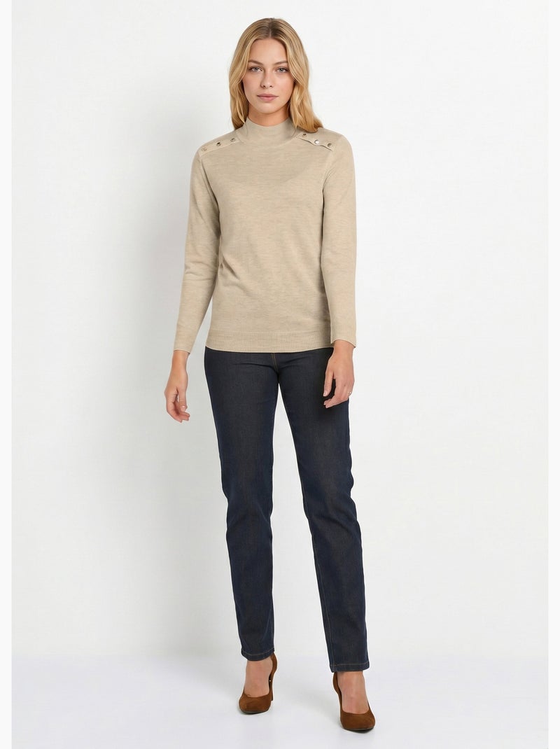 Pull fin col montant jersey uni avec laine mérinos - Afibel Beige - Kiabi