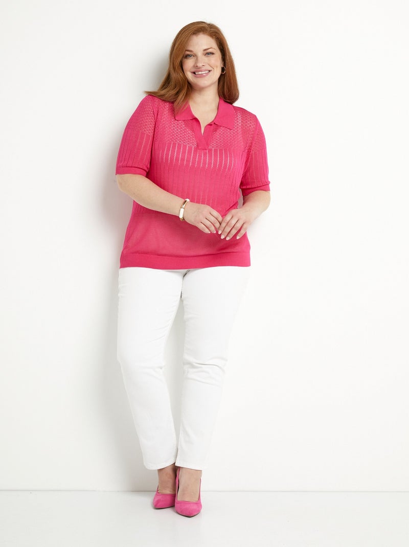 Pull fin col polo ajouré manches courtes - Afibel Rose fushia - Kiabi