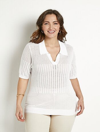 Pull fin col polo ajouré manches courtes