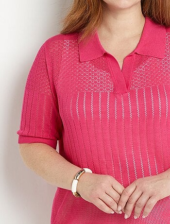 Pull fin col polo ajouré manches courtes
