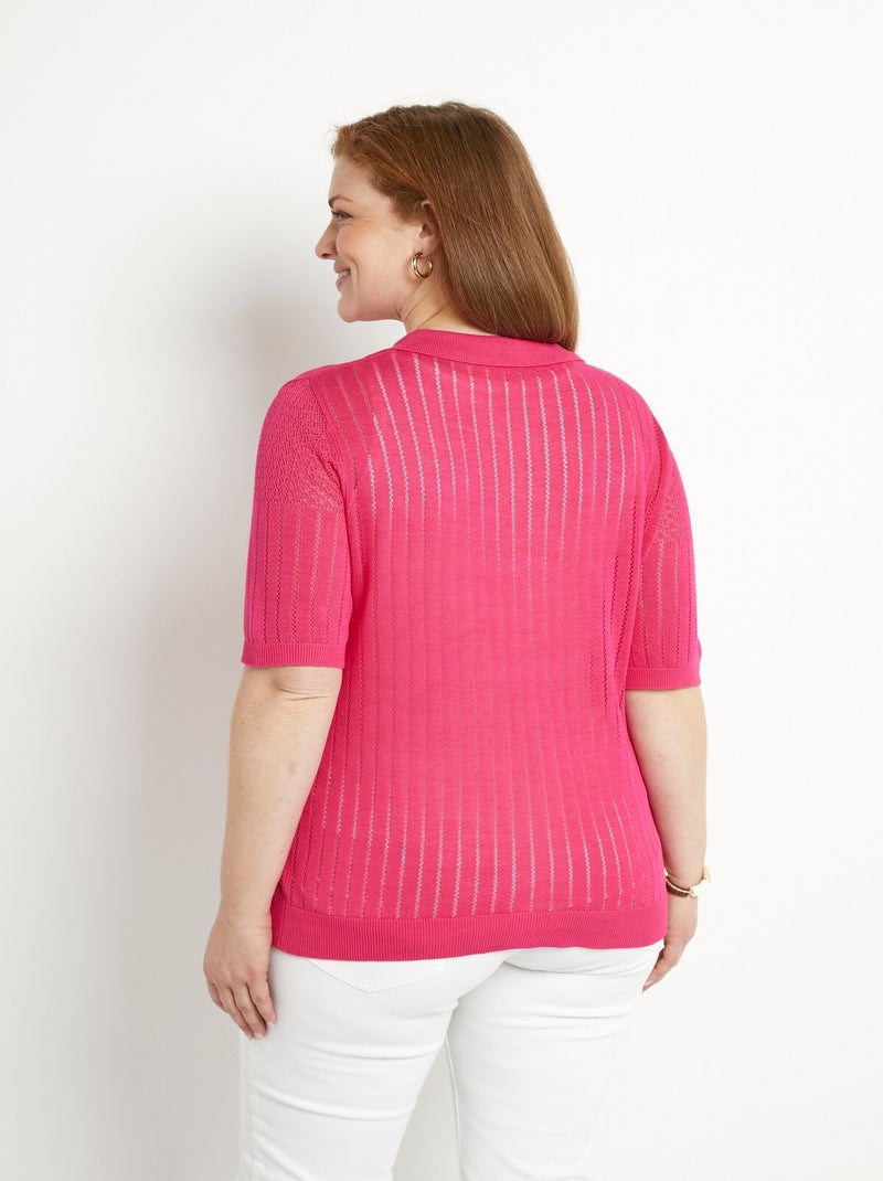 Pull fin col polo ajouré manches courtes Rose fushia - Kiabi