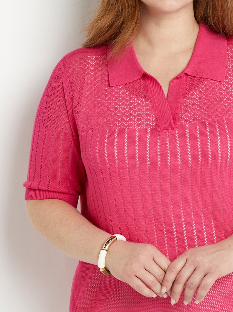 Pull fin col polo ajouré manches courtes Rose fushia - Kiabi