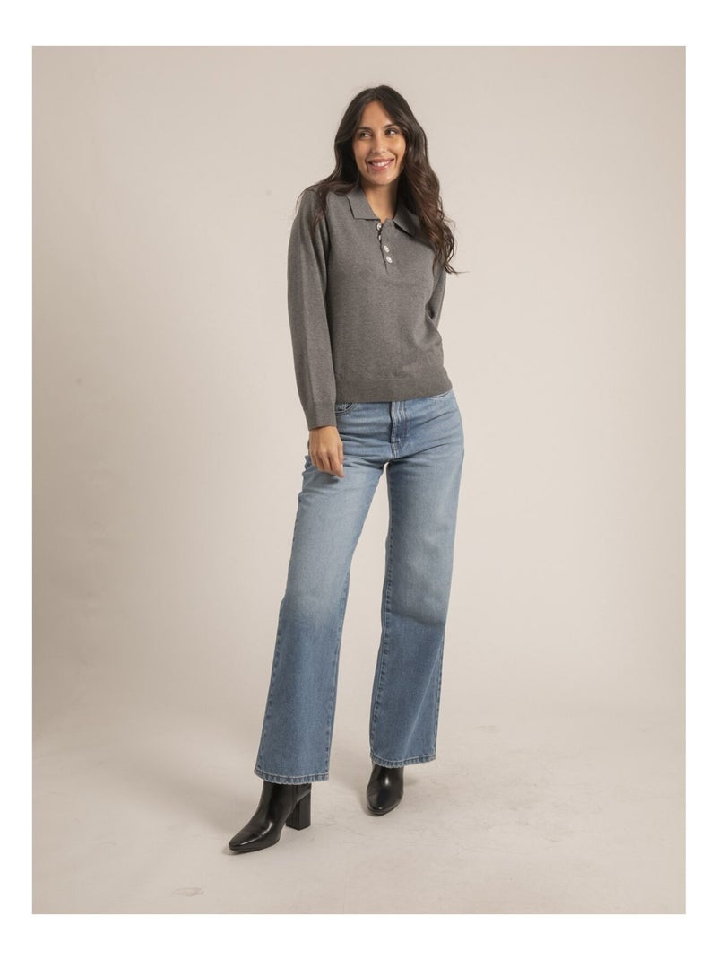Pull fin col polo KONOR Gris - Kiabi
