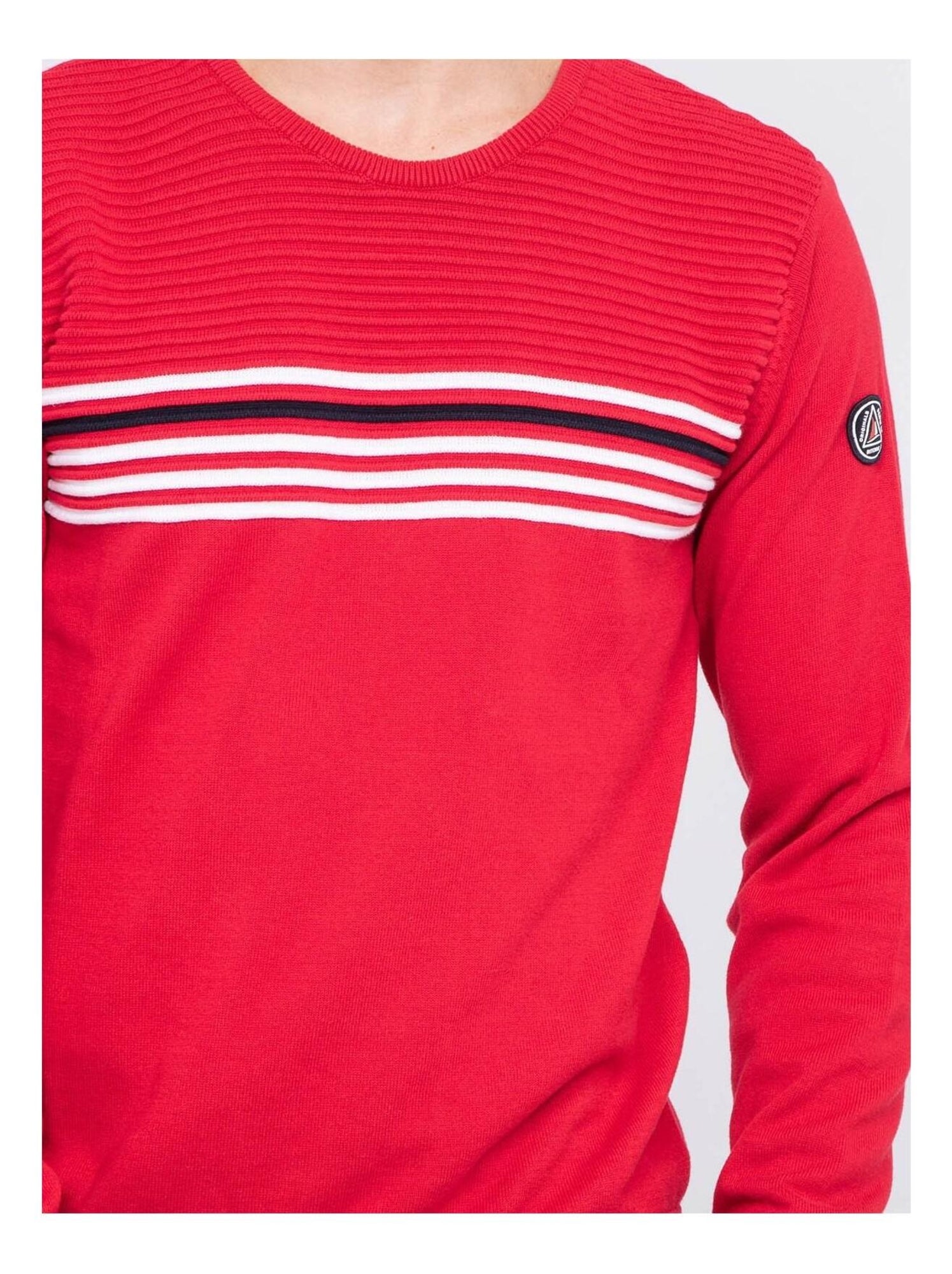 Pull Rond Col Ras Du Cou American Rag CIE - Rouge Foncé Multistripe Rugby - Taille S - 100% Coton