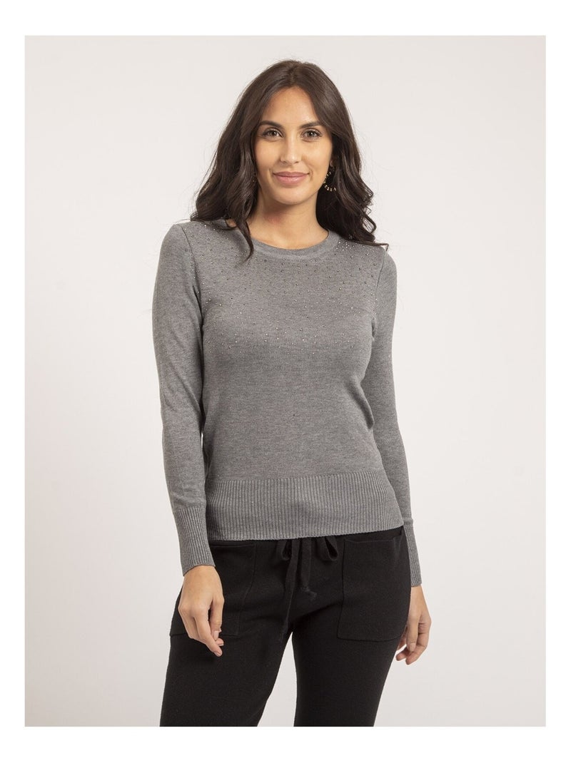 Pull fin col rond strass KAPOLINA Gris - Kiabi