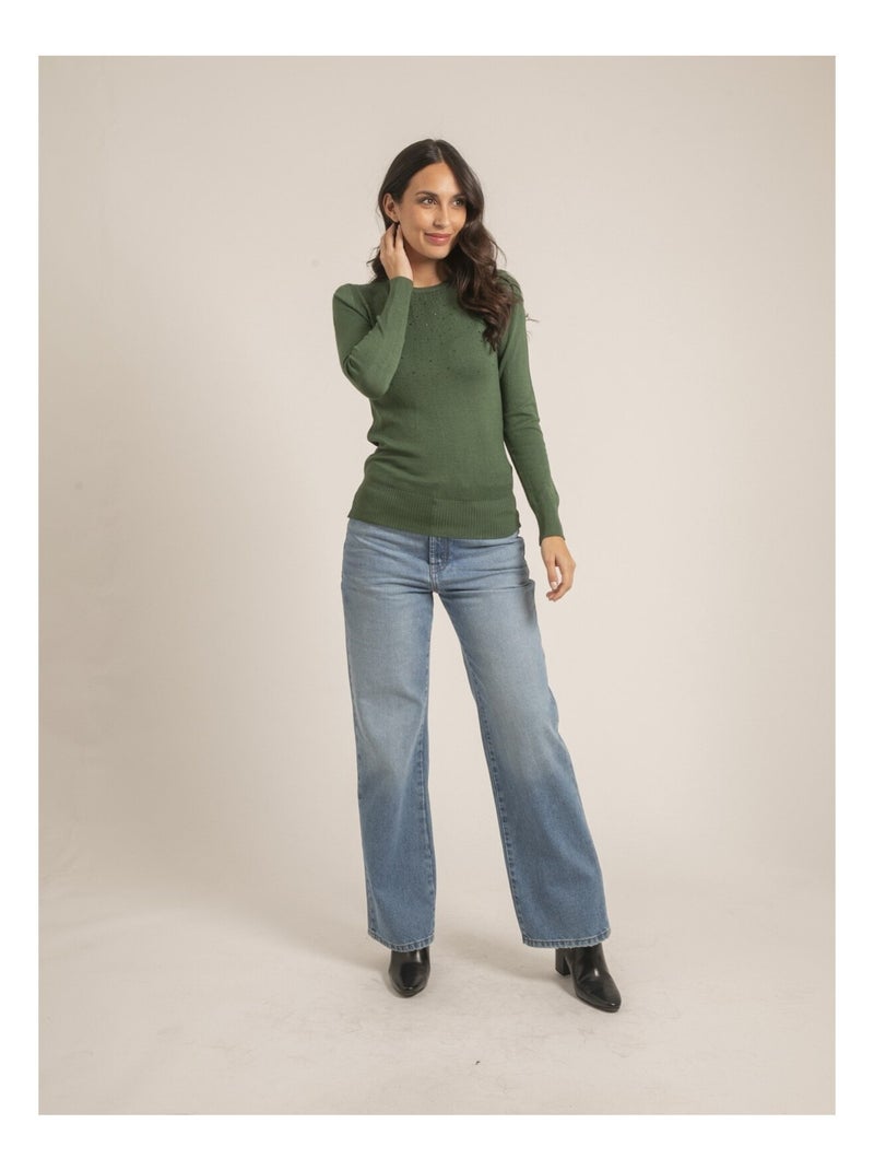 Pull fin col rond strass KAPOLINA Kaki - Kiabi