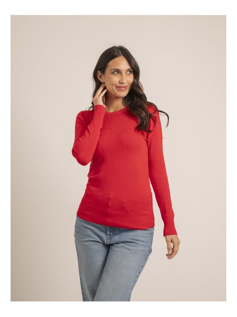 Pull fin col rond strass KAPOLINA Rouge - Kiabi