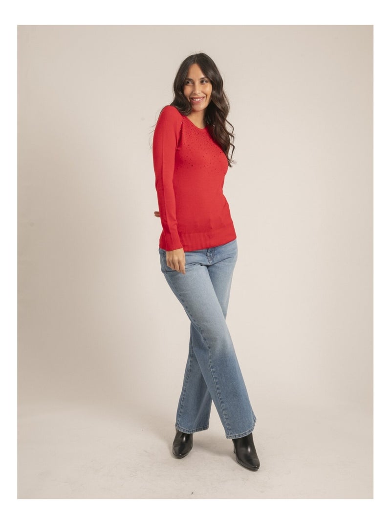 Pull fin col rond strass KAPOLINA Rouge - Kiabi