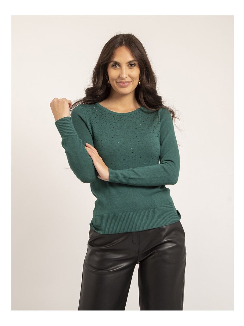 Pull fin col rond strass KAPOLINA Vert - Kiabi