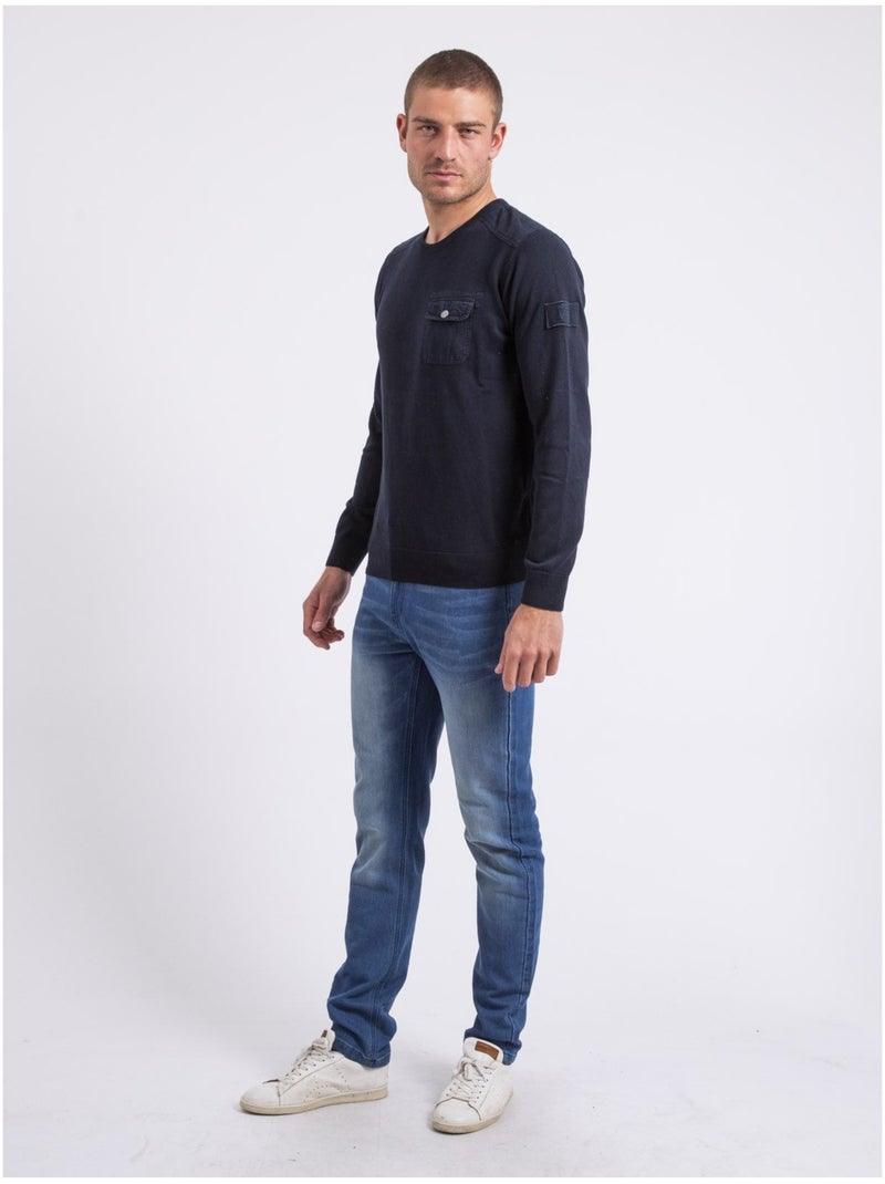 Pull fin col V coton ANTON Bleu marine - Kiabi