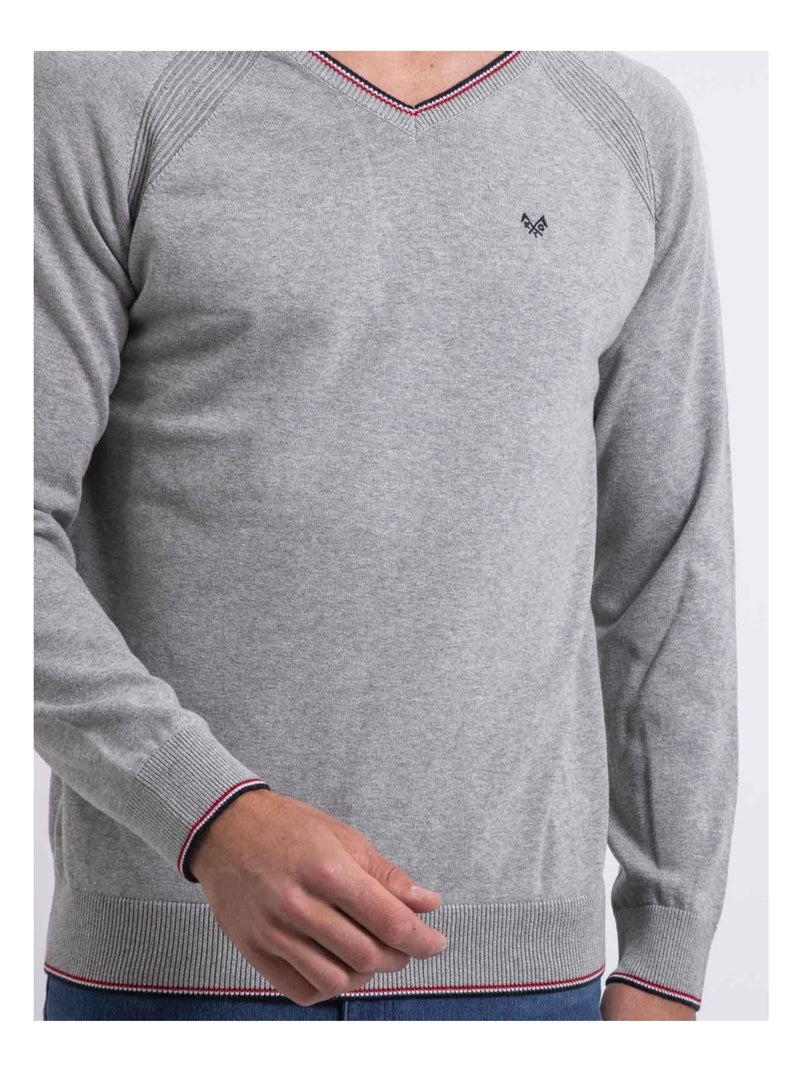 Pull fin col V coton ANTON Gris clair - Kiabi