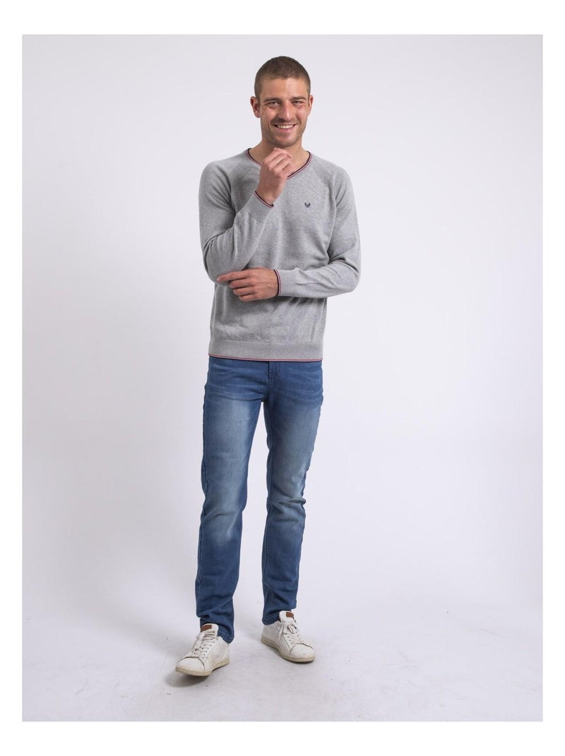 Pull fin col V coton ANTON Gris clair - Kiabi