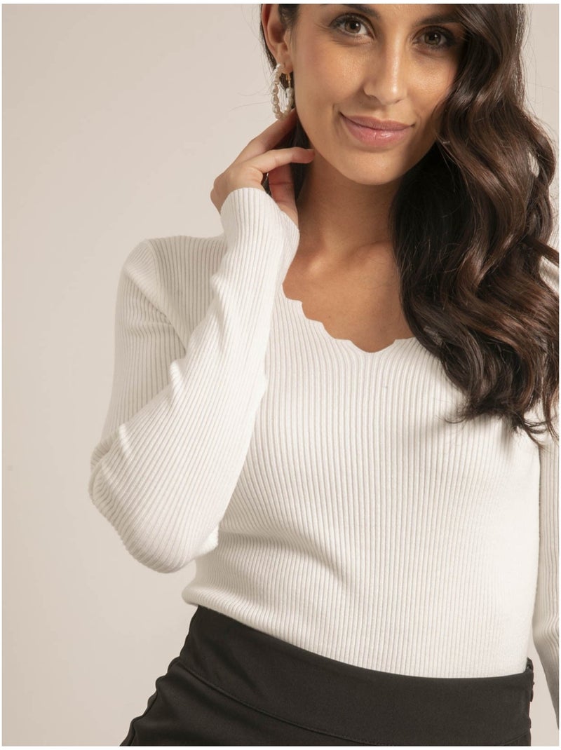 Pull fin col V fantaisie KARISSA Blanc - Kiabi