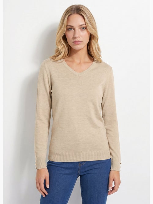 Pull fin col V jersey uni avec laine mérinos - Afibel - Kiabi