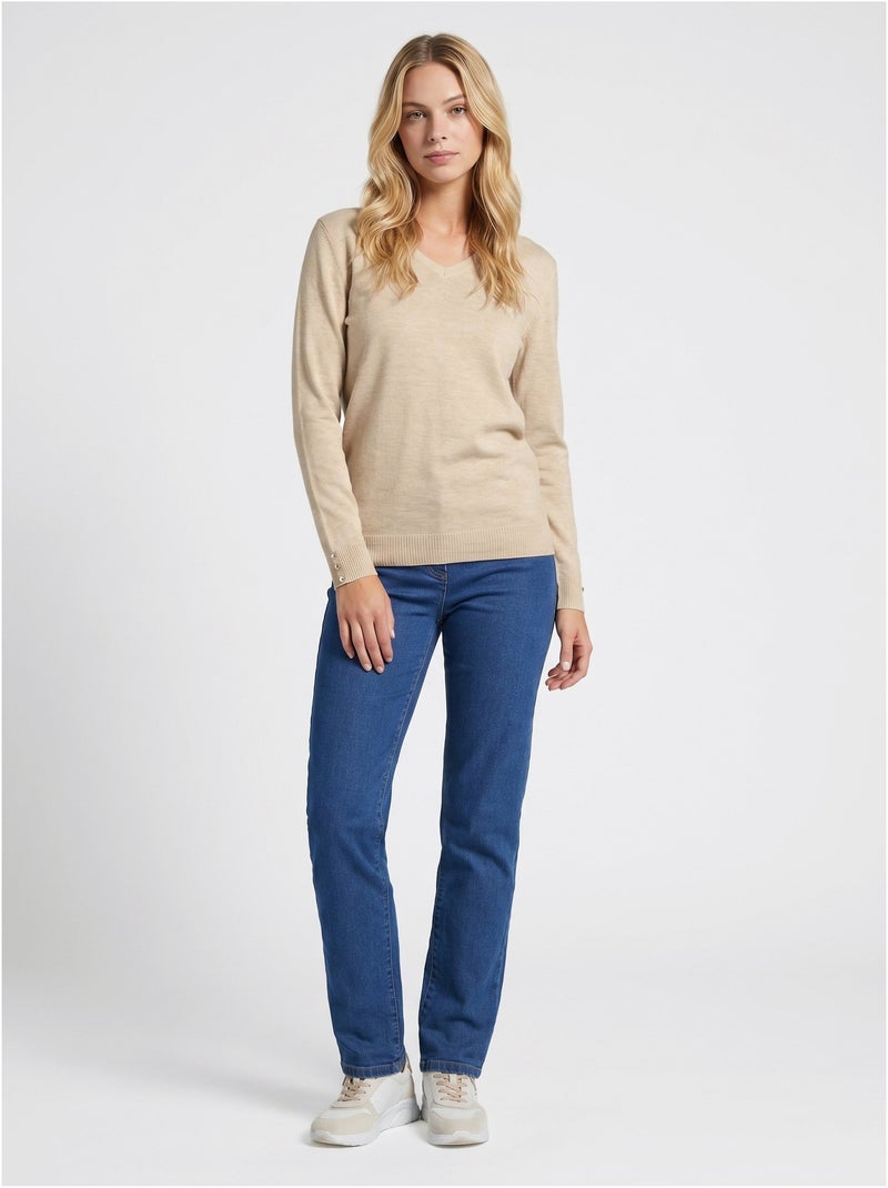 Pull fin col V jersey uni avec laine mérinos - Afibel Beige - Kiabi