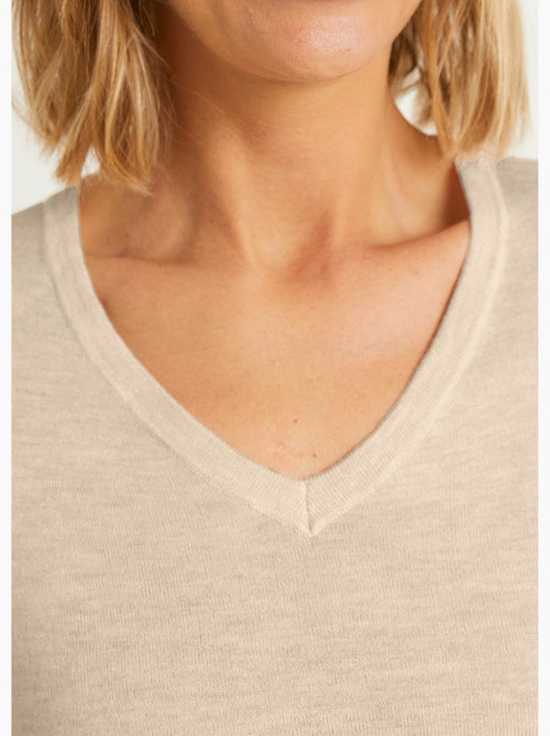 Pull fin col V jersey uni avec laine mérinos - Afibel - Kiabi