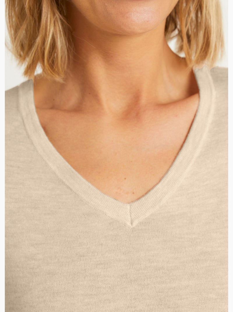 Pull fin col V jersey uni avec laine mérinos - Afibel Beige - Kiabi