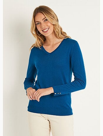 Pull fin col V jersey uni avec laine mérinos - Afibel