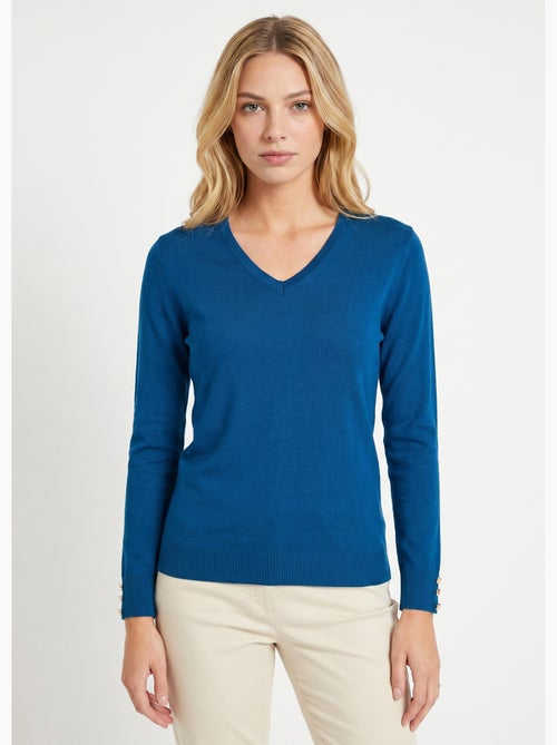 Pull fin col V jersey uni avec laine mérinos - Afibel - Kiabi