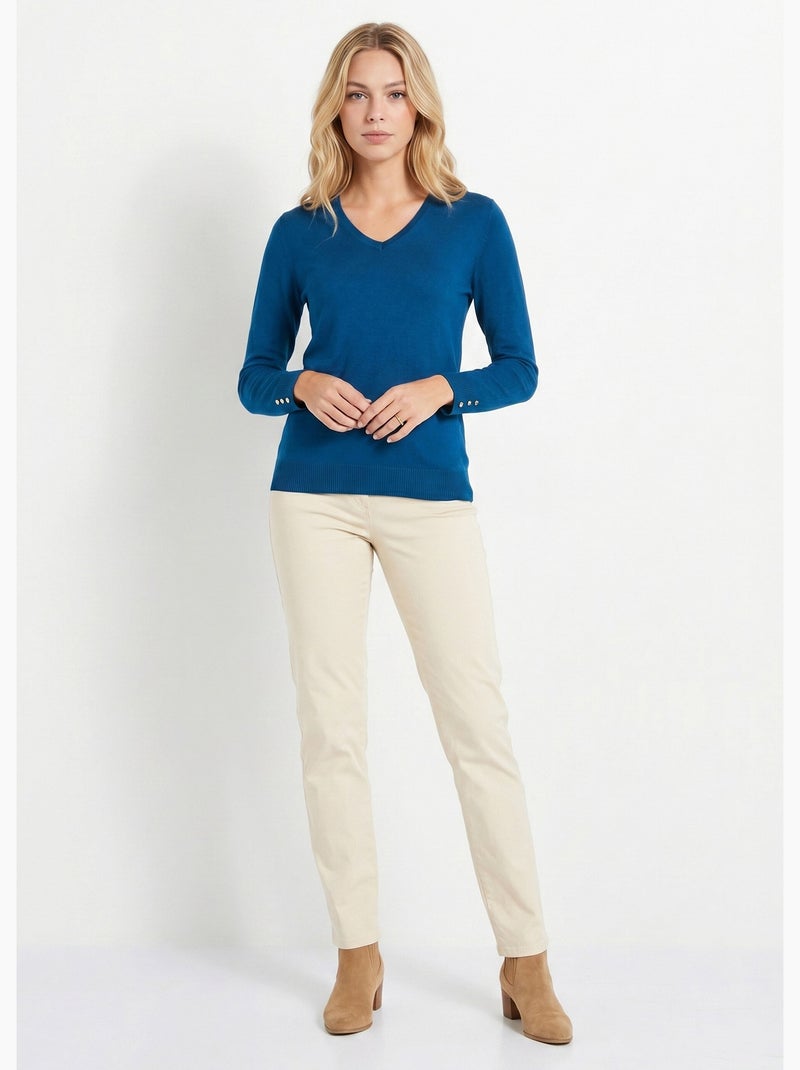Pull fin col V jersey uni avec laine mérinos - Afibel Bleu canard - Kiabi