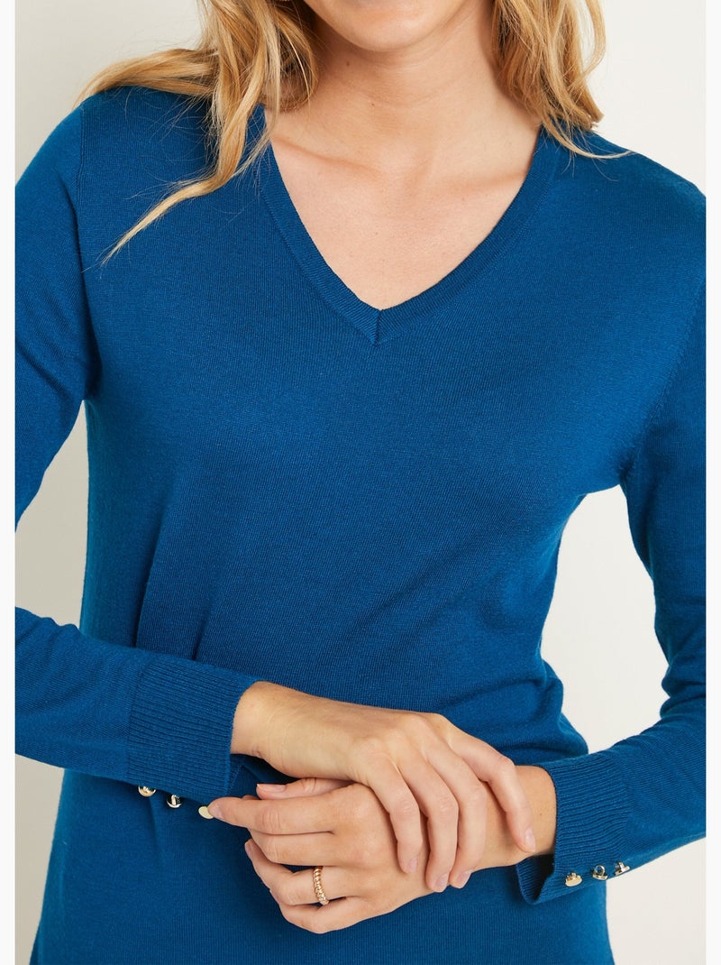 Pull fin col V jersey uni avec laine mérinos - Afibel Bleu canard - Kiabi