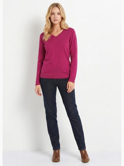 Pull fin col V jersey uni avec laine mérinos - Afibel - Kiabi