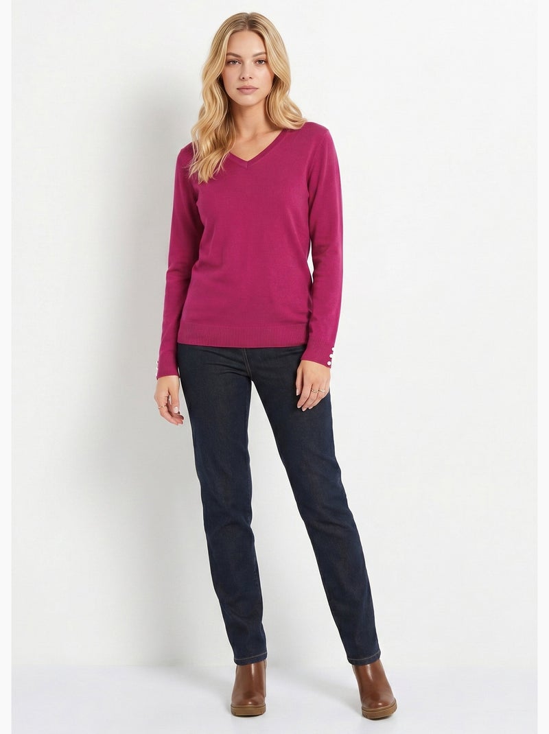 Pull fin col V jersey uni avec laine mérinos - Afibel Violet - Kiabi