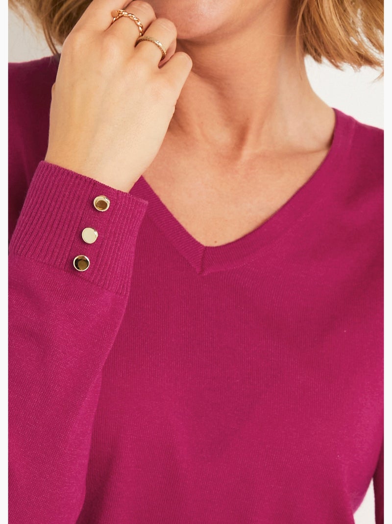 Pull fin col V jersey uni avec laine mérinos - Afibel Violet - Kiabi