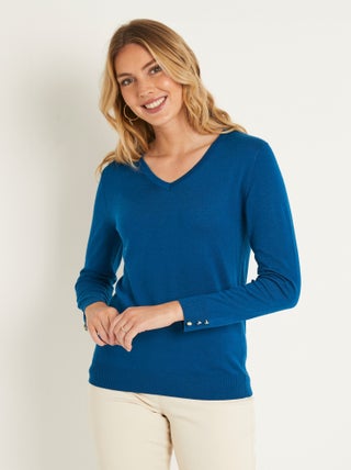Pull fin col V jersey uni avec laine mérinos
