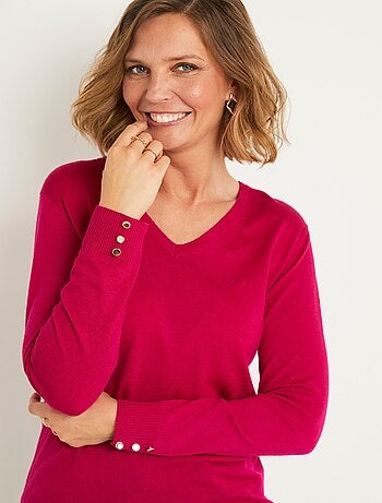 Pull fin col V jersey uni avec laine mérinos