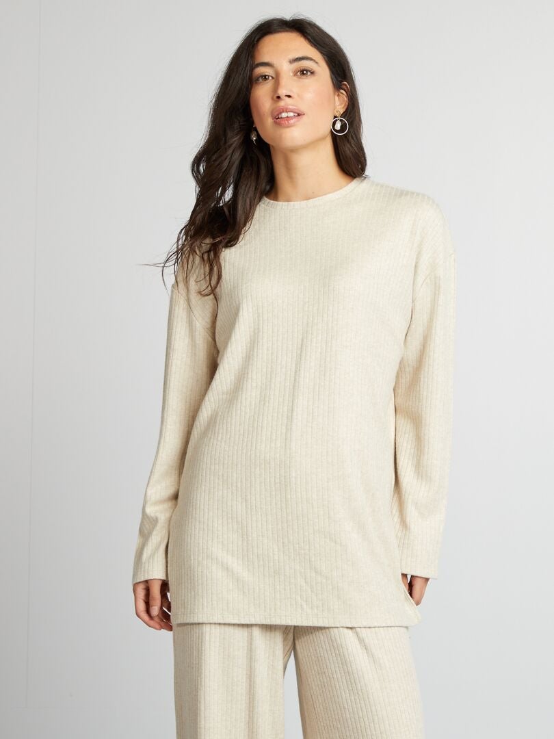 Pull fin en maille côtelé Beige - Kiabi