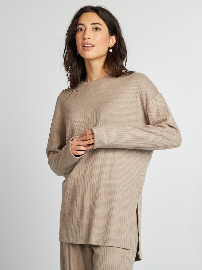 Pull fin en maille côtelé Marron - Kiabi