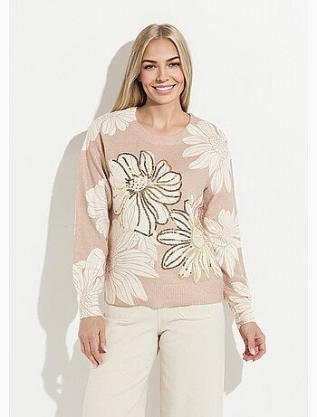 Pull fin imprimé fleurs sequins col rond - Afibel