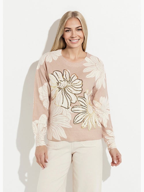 Pull fin imprimé fleurs sequins col rond - Afibel - Kiabi
