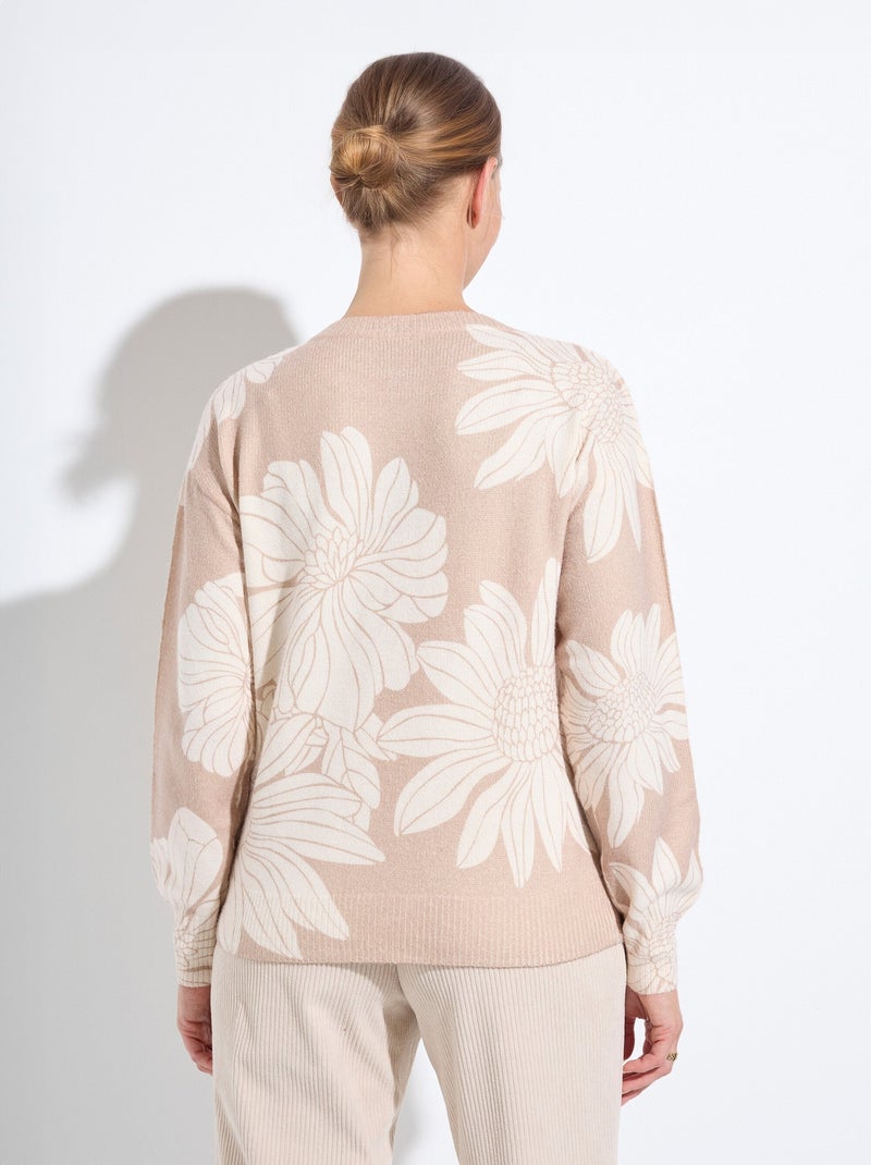 Pull fin imprimé fleurs sequins col rond - Afibel Beige - Kiabi