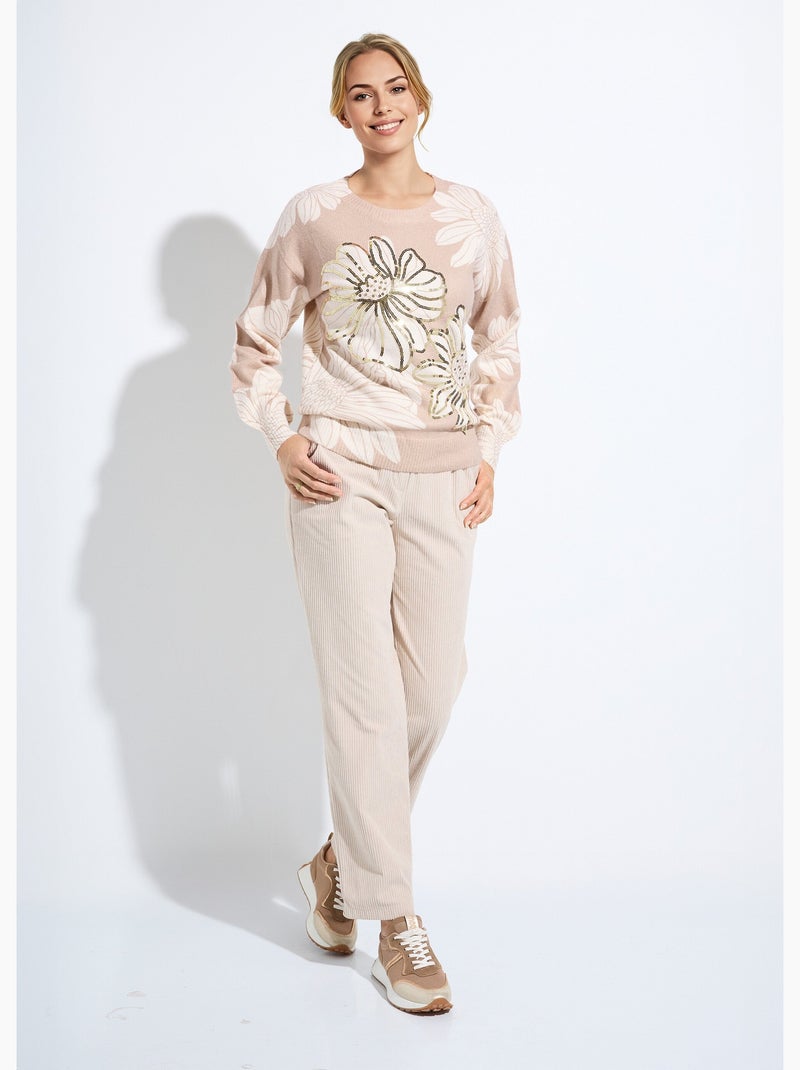 Pull fin imprimé fleurs sequins col rond - Afibel Beige - Kiabi