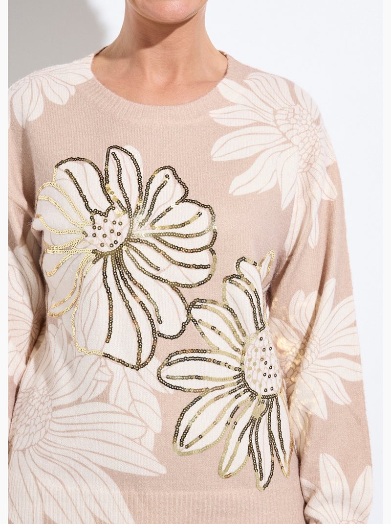 Pull fin imprimé fleurs sequins col rond - Afibel Beige - Kiabi