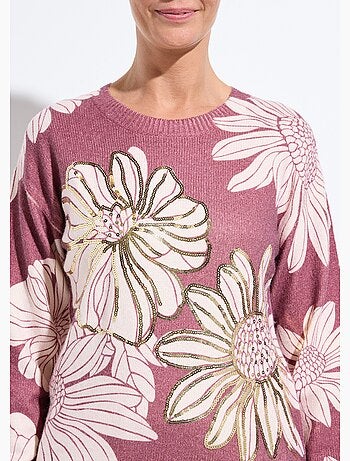 Pull fin imprimé fleurs sequins col rond - Afibel