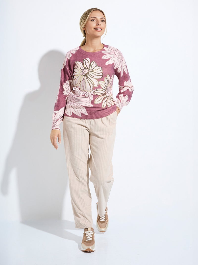 Pull fin imprimé fleurs sequins col rond - Afibel Rouge grenat - Kiabi