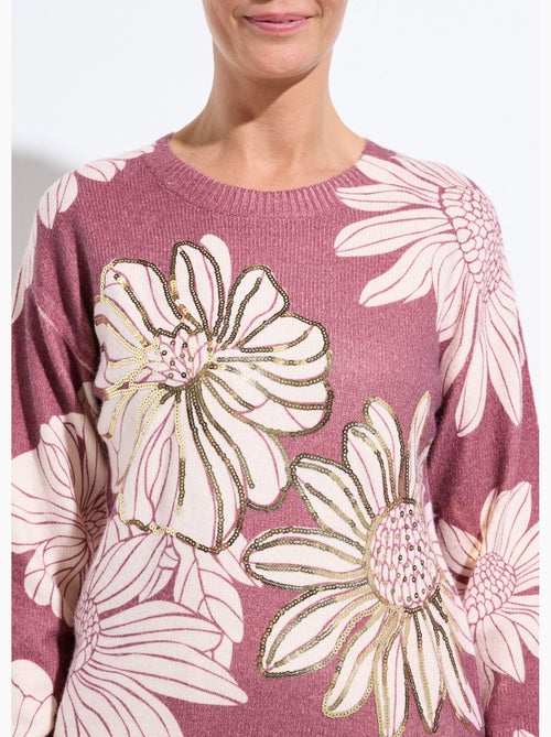 Pull fin imprimé fleurs sequins col rond - Afibel - Kiabi