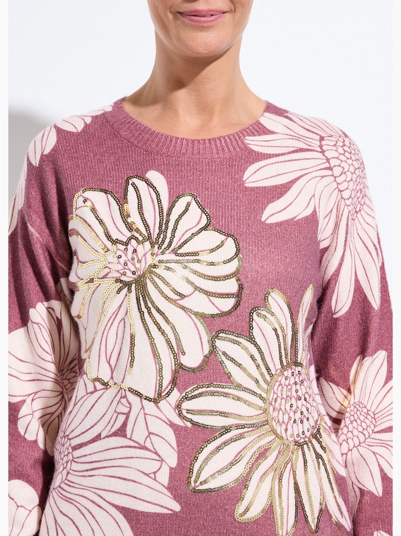Pull fin imprimé fleurs sequins col rond - Afibel Rouge grenat - Kiabi