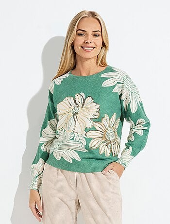 Pull fin imprimé fleurs sequins col rond - Afibel
