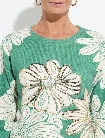Pull fin imprimé fleurs sequins col rond - Afibel