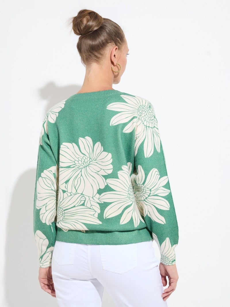 Pull fin imprimé fleurs sequins col rond - Afibel Vert - Kiabi