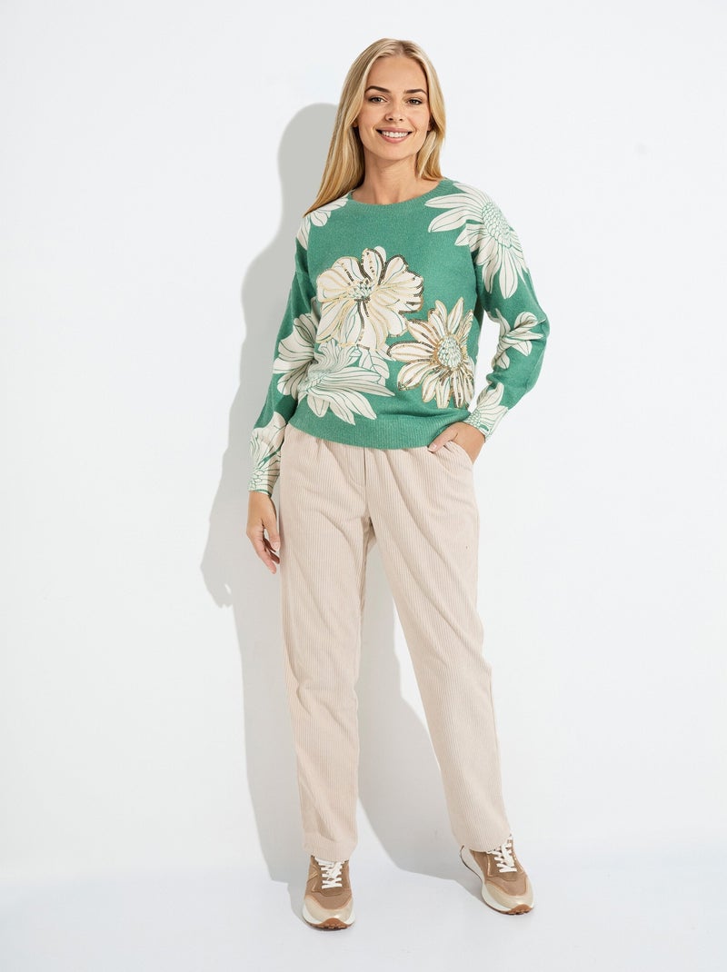 Pull fin imprimé fleurs sequins col rond - Afibel Vert - Kiabi