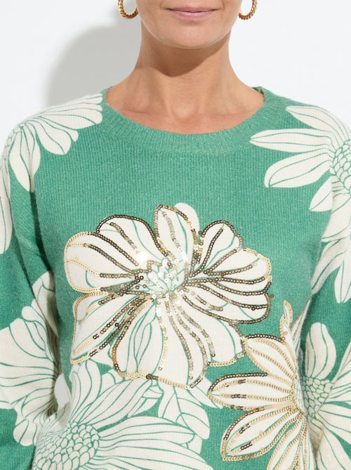 Pull fin imprimé fleurs sequins col rond - Afibel - Kiabi
