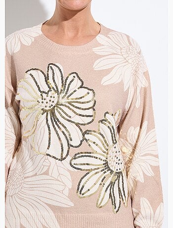 Pull fin imprimé fleurs sequins col rond