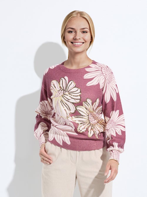 Pull fin imprimé fleurs sequins col rond - Kiabi